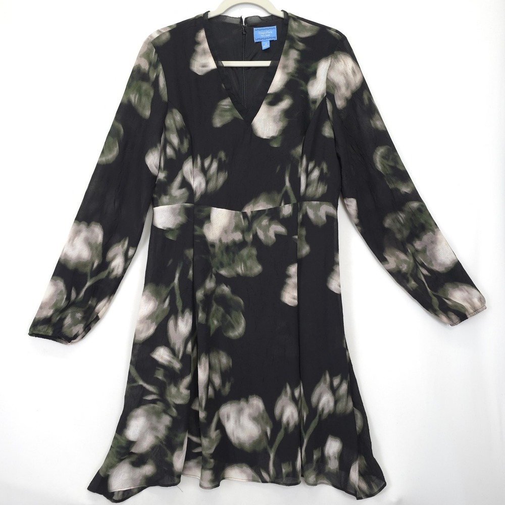 Simply Vera Vera Wang Long Sleeve V-Neck A-Line Dress Black Green Women 12